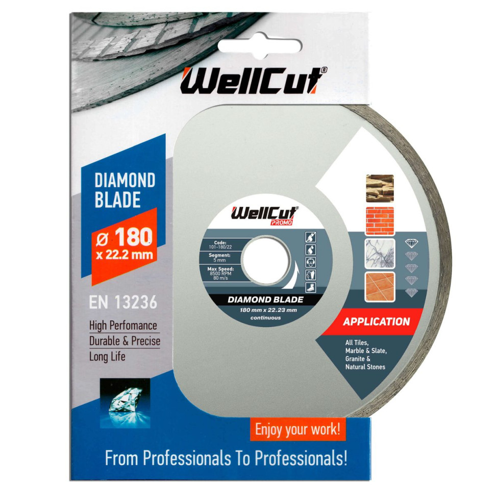Диск алмазный WellCut 180х22,23 мм сплошной