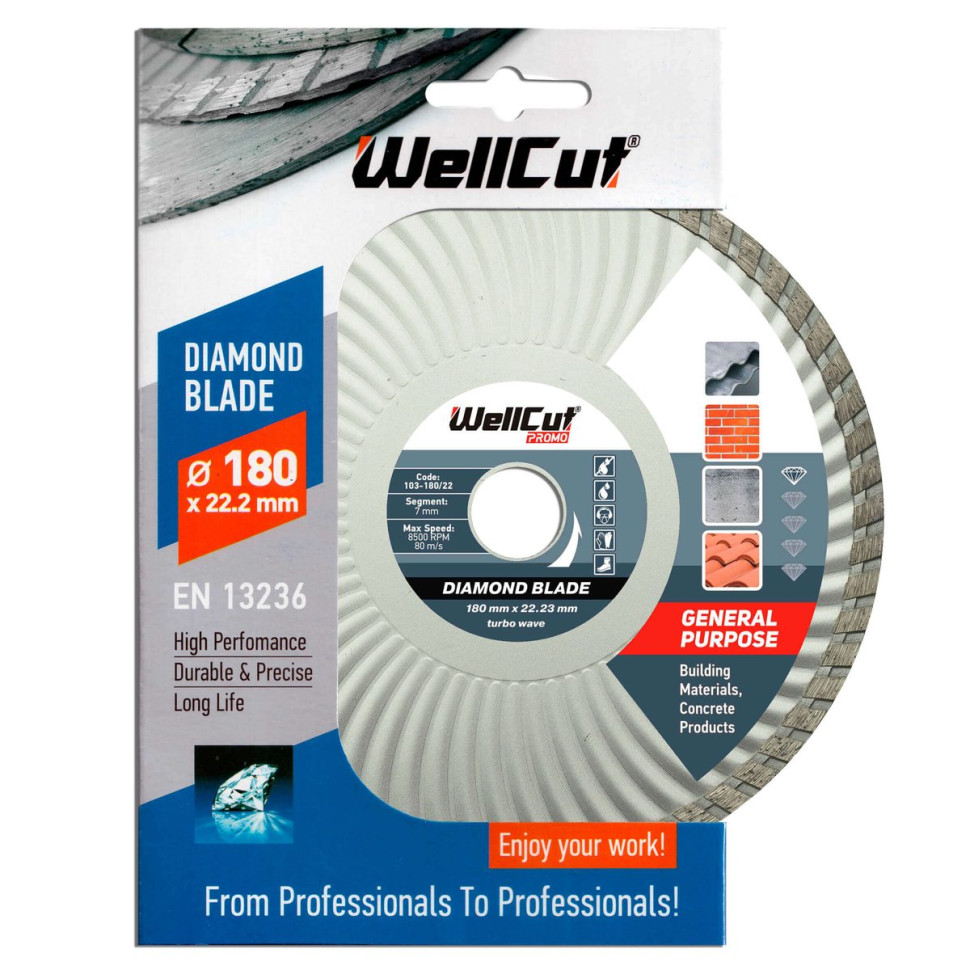 Диск алмазный WellCut 180х22,23 мм турбо-волна