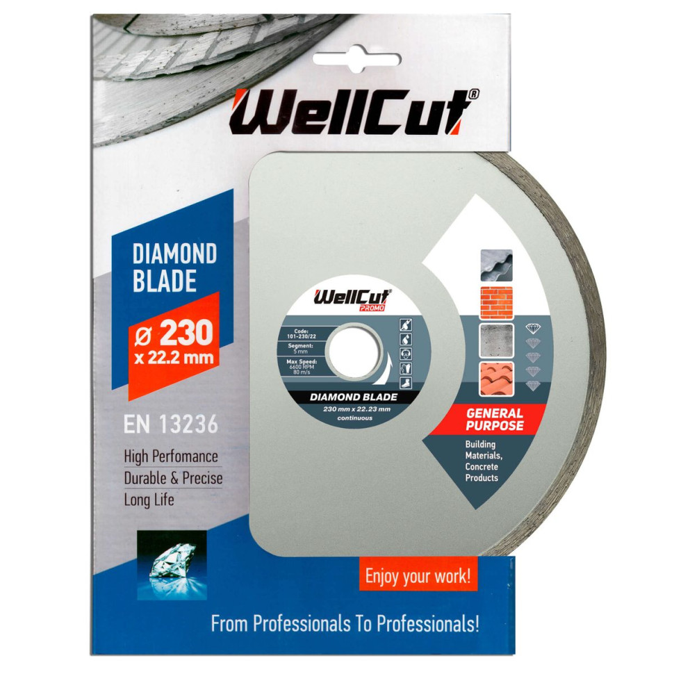 Диск алмазный WellCut 230х22,23 мм сплошной